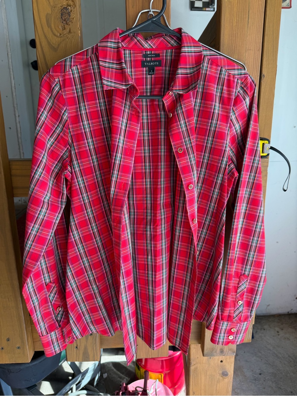 Talbots Red Plaid Button-Up Shirt with Green and White Accents